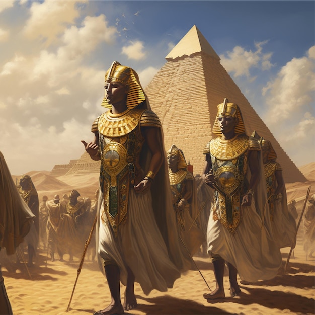 Free photo an image of ancient Egyptians with royal clothes walking around the pyramids