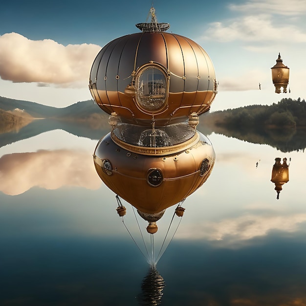 Free photo of incredible major steampunk balloon floating above water's surface generated by ai