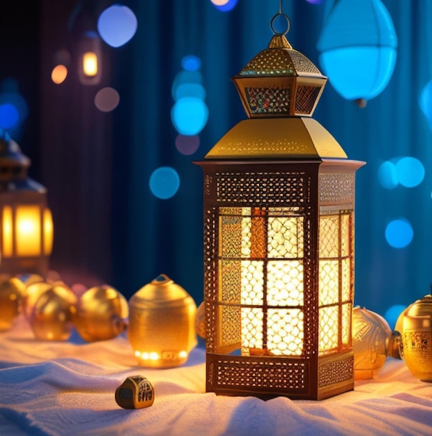 Free photo an islamic lantern with bokeh lights in the background for adha and fitr eid