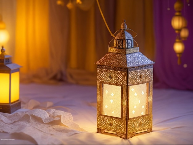 Free photo an islamic lantern with bokeh lights in the background for adha and fitr eid