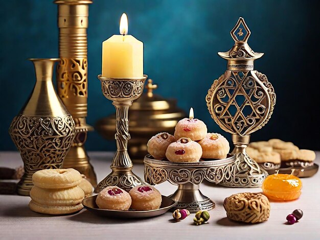 Free photo jewish sweets with candleholder on a table