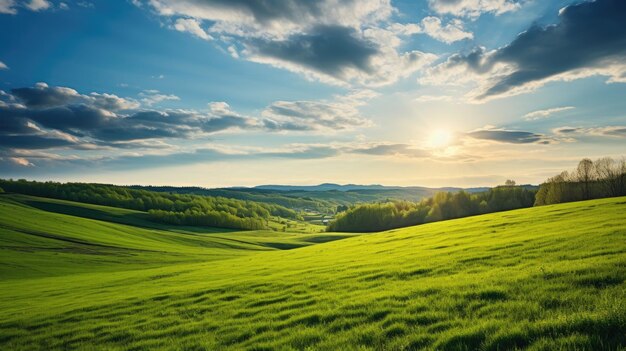 春の風景と自然 劇的な空と緑の牧草地の風景 無料の写真