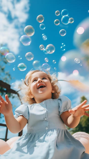 Free photo little girl boy kids father and kid blowing and playing with soap bubbles