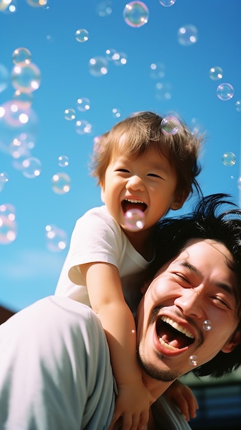 無料写真 小さな女の子 男の子 子供の父親と子供が ソープの泡で吹き飛ばして遊んでいます