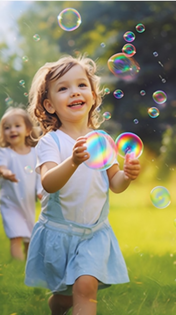 Бесплатная фотография маленькая девочка мальчик дети отец и ребенок дуют и играют с мыльными пузырьками