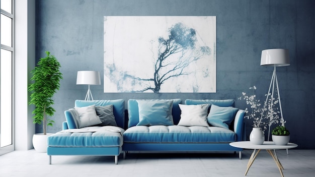Photo free photo a living room with a blue and white
