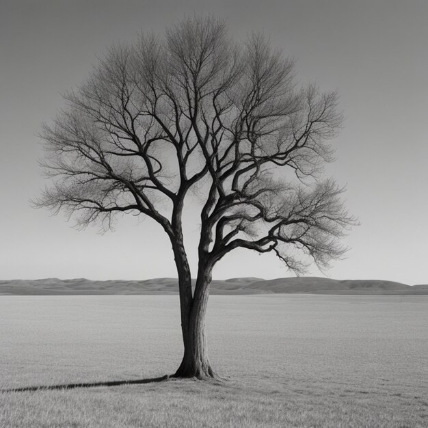 Free photo lone tree A single lonely tree in a field in foggy field and grey sky