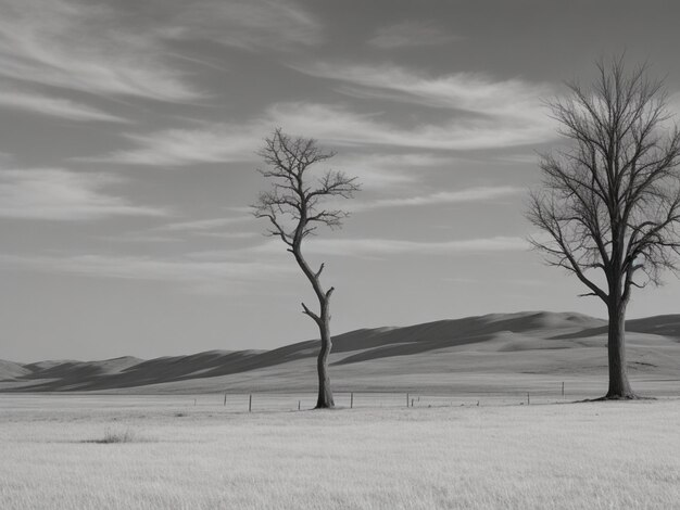 霧の野原と灰色の空のフィールドに一本の孤独な木 無料の写真