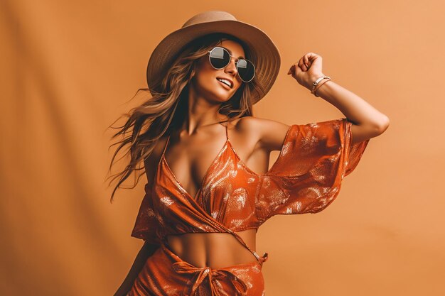 Free photo lovable tanned girl in trendy summer attire dancing on photoshoot photography