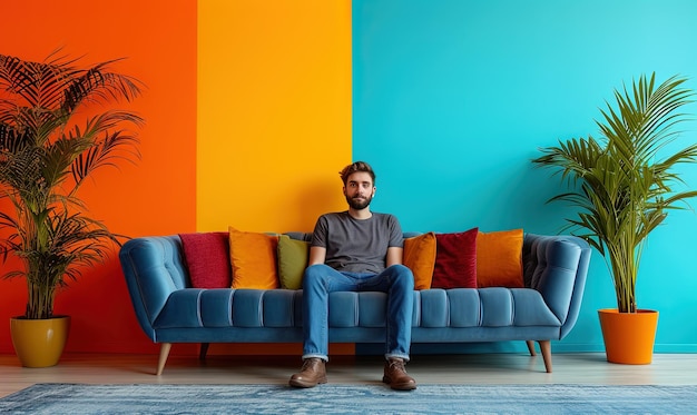 Free Photo man sitting on sofa colorful wall in background