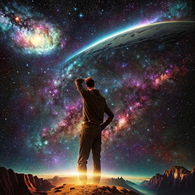 Free photo of a man standing in front of the galaxy night sky