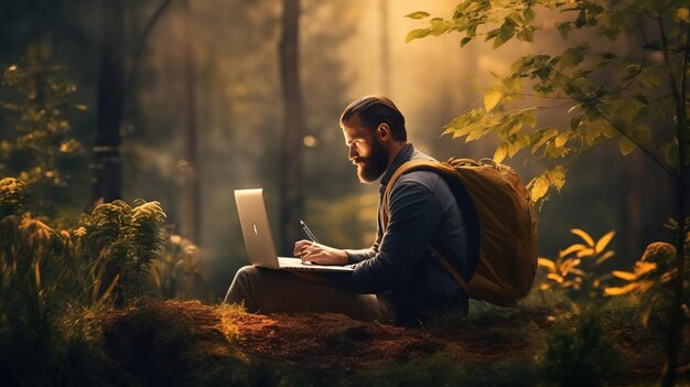 Photo free photo man working on laptop in jungle