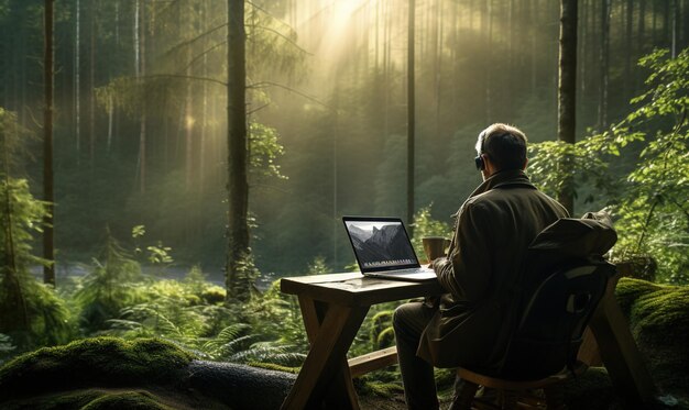 Photo free photo man working on laptop in jungle