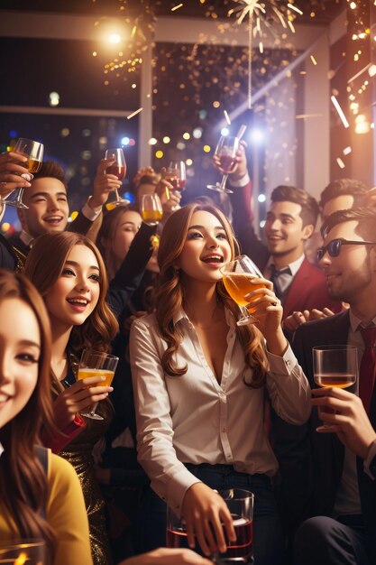 Free photo many young women and men drinking at new year party