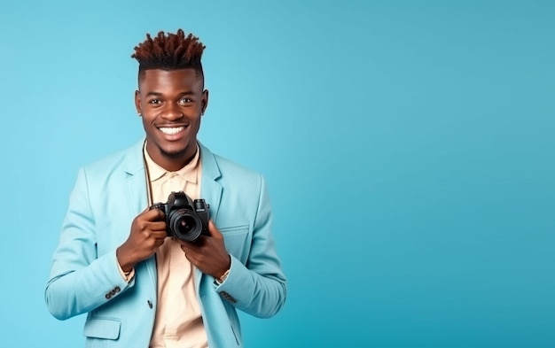 Free photo medium shot black man taking photos with camera on blue background