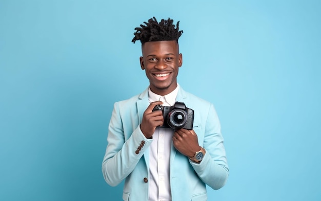 Free photo medium shot black man taking photos with camera on blue background