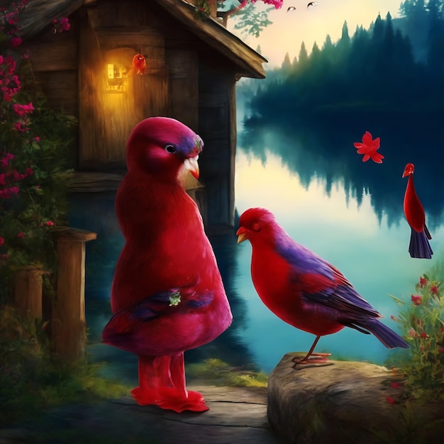 写真素材 赤い女の子と鳥の写真 赤い鳥と女の子の写真 黒い鳥の写真