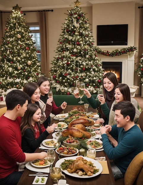 伝統的なクリスマスディナーで家族や友人とのメリーと明るい瞬間の無料写真