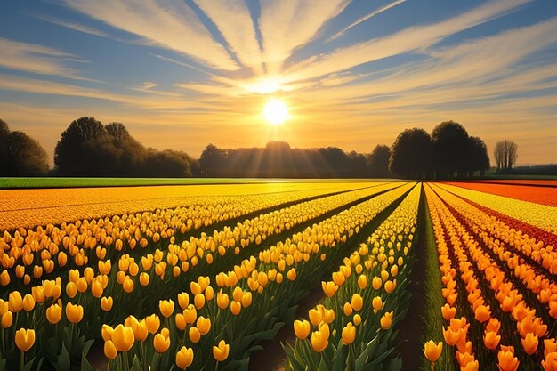 Free photo mesmerizing picture of a yellow tulip field under the sunlight