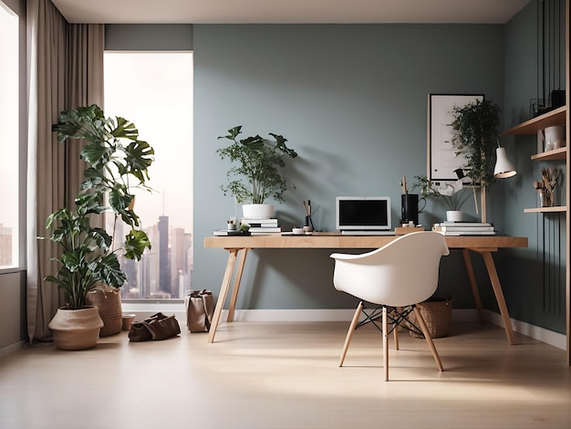 Free photo minimal home office interior design with fiddleleaf fig plant