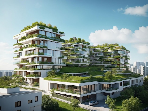 Free photo modern residential district with green roof and balcony generated by ai