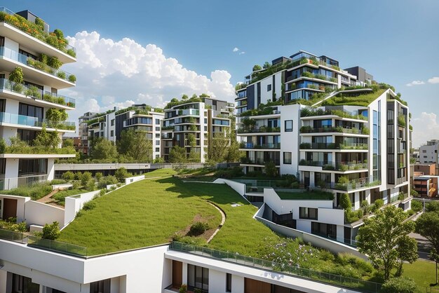 Free photo modern residential district with green roof and balcony generated by ai