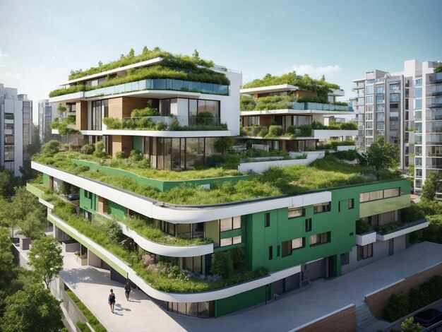 Free photo modern residential district with green roof and balcony generated by ai