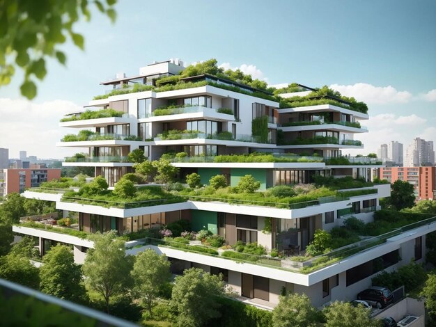 Free photo modern residential district with green roof and balcony generated by ai