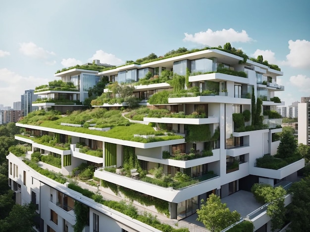 AI によって生成された緑の屋根とバルコニーのあるモダンな住宅街の無料写真