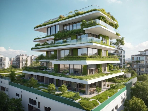 Бесплатное фото современного жилого района с зеленой крышей и балконом, созданное искусственным интеллектом