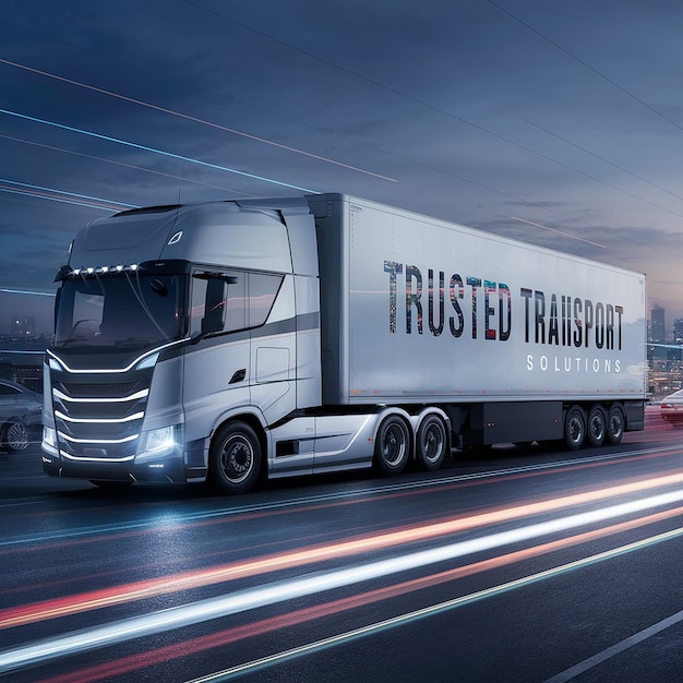 Бесплатное фото Современный грузовик с белым прицепом с надписью Trusted Transport Solutions