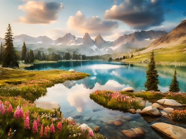 Free photo mountain landscape nature outdoors water grass forest generated by ai