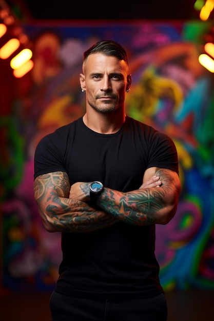 Free photo muscular tattooed man with beard man isolated on colorful background