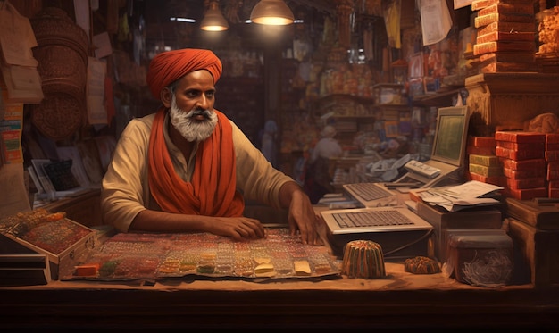Фото Бесплатное фото старого индийского владельца магазина, сидящего за кассой