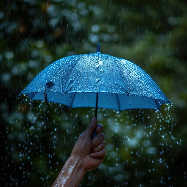 写真 雨の時は手に青い傘を握る