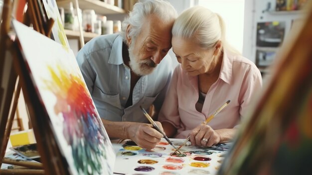 a free photo of an old man and woman kissing and painting
