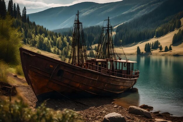 Фото Бесплатная фотография старой ржавой рыбацкой лодки на склоне вдоль берега озера