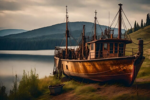 Free photo old rusty fishing boat on the slope along the shore of the lake