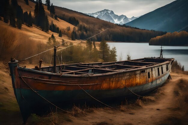 Free photo old rusty fishing boat on the slope along the shore of the lake