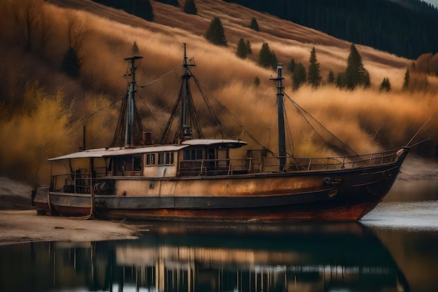 Free photo old rusty fishing boat on the slope along the shore of the lake