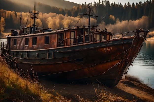 Бесплатная фотография старой ржавой рыбацкой лодки на склоне вдоль берега озера