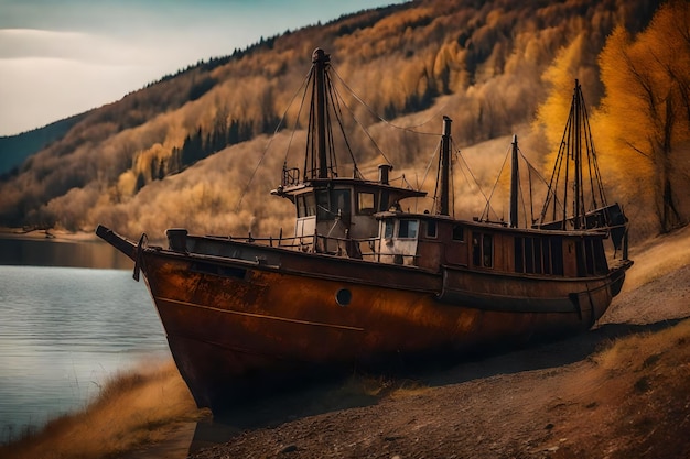 Free photo old rusty fishing boat on the slope along the shore of the lake