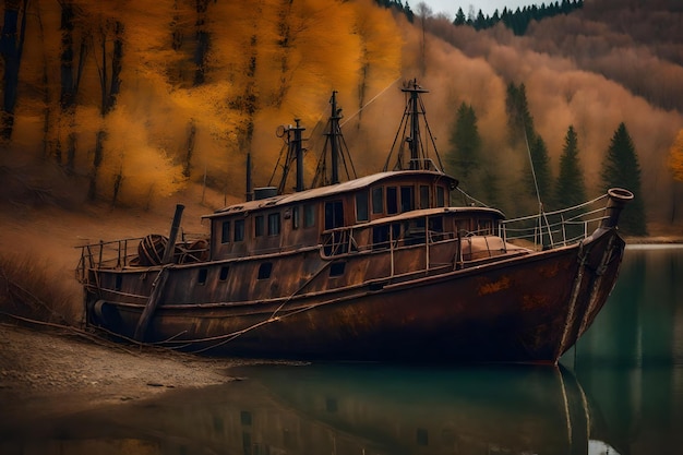 Free photo old rusty fishing boat on the slope along the shore of the lake