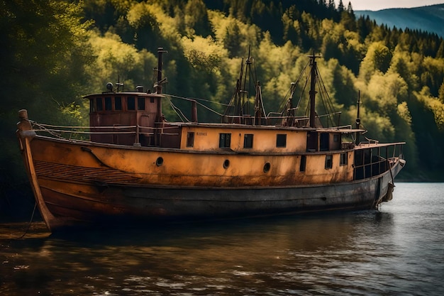 Free photo old rusty fishing boat on the slope along the shore of the lake