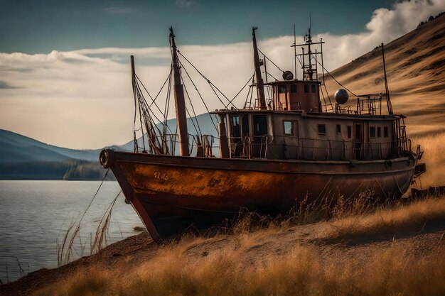 Free photo old rusty fishing boat on the slope along the shore of the lake