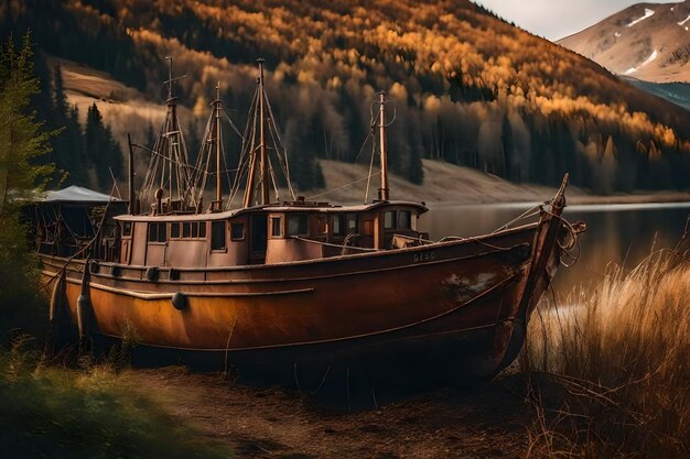 湖岸沿いの斜面にある古い生<unk>の漁船の無料の写真