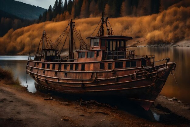 Free photo old rusty fishing boat on the slope along the shore of the lake