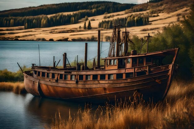 Photo free photo old rusty fishing boat on the slope along the shore of the lake