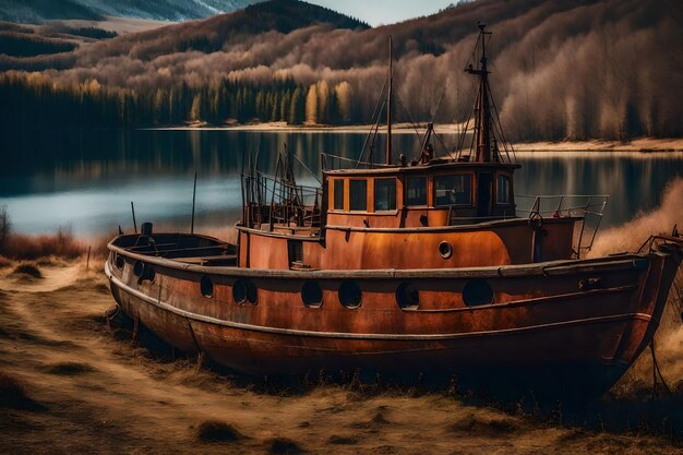 Бесплатная фотография старой ржавой рыбацкой лодки на склоне вдоль берега озера