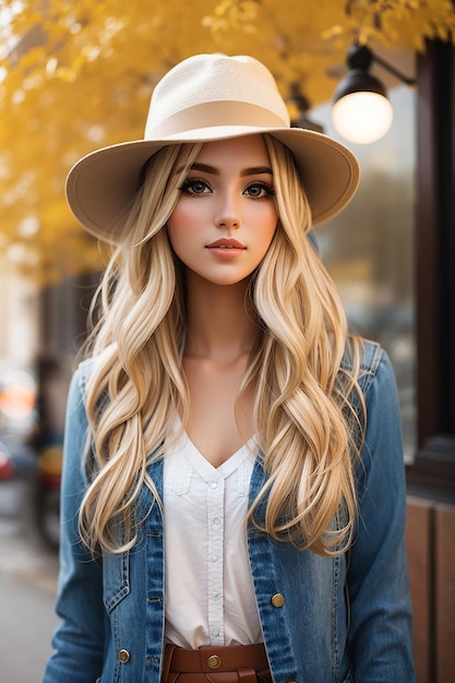 Free photo outdoor fashion positive portrait of stylish hipster girl long blonde hairs vintage hat